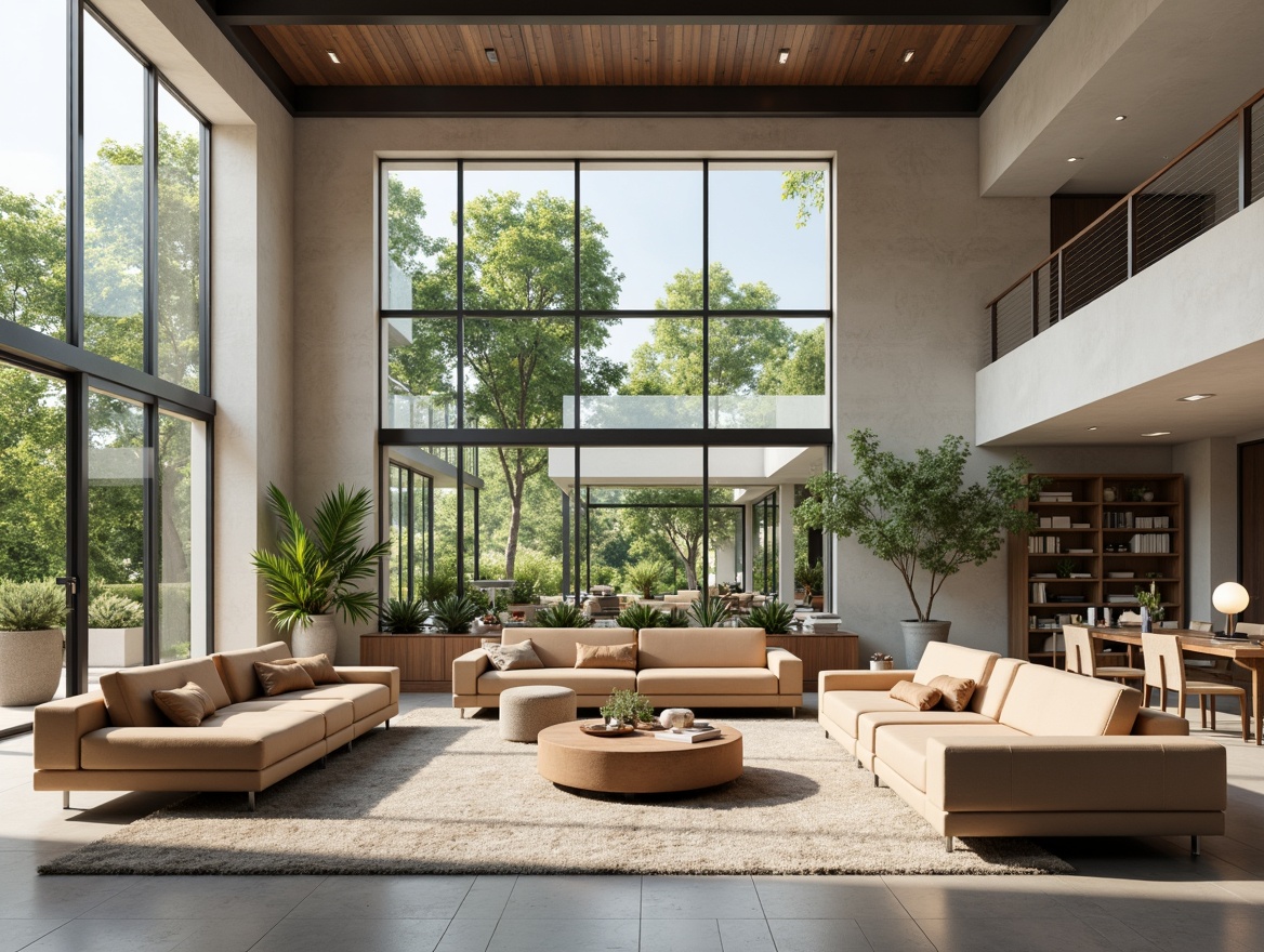 Prompt: Modern living room, sleek minimalist furniture, low-profile sofas, curved lines, warm beige upholstery, polished wooden coffee tables, metallic legs, greenery accents, floor-to-ceiling windows, natural light pouring in, open-plan layout, conversational circle seating, pathway guidance, clear traffic lanes, cozy reading nooks, ambient soft lighting, 3/4 composition, shallow depth of field, realistic textures, subtle color palette.