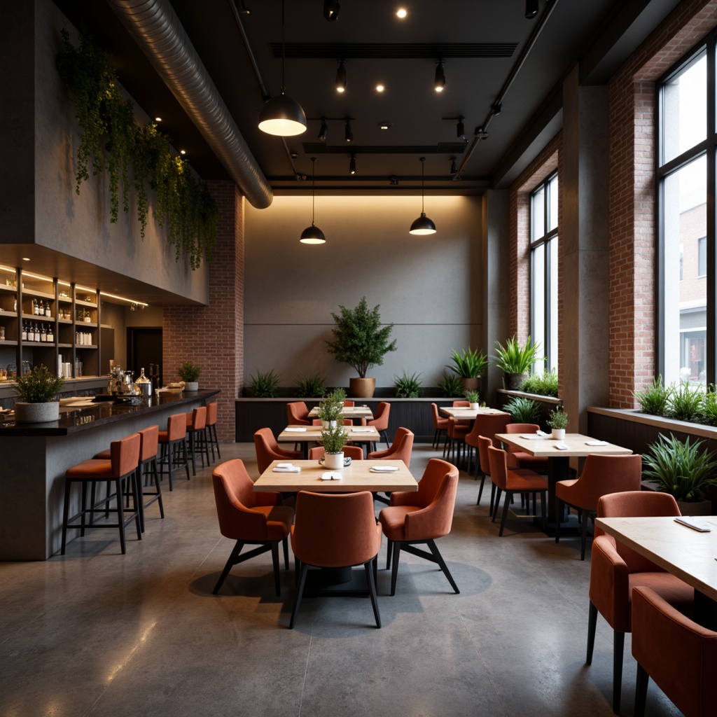 Prompt: Modern restaurant interior, minimalistic decor, sleek tables, curved chairs, velvet upholstery, metallic accents, industrial lighting fixtures, polished concrete floors, exposed brick walls, urban vibe, cozy atmosphere, warm color palette, soft ambient lighting, 1/1 composition, shallow depth of field, realistic textures, ambient occlusion.