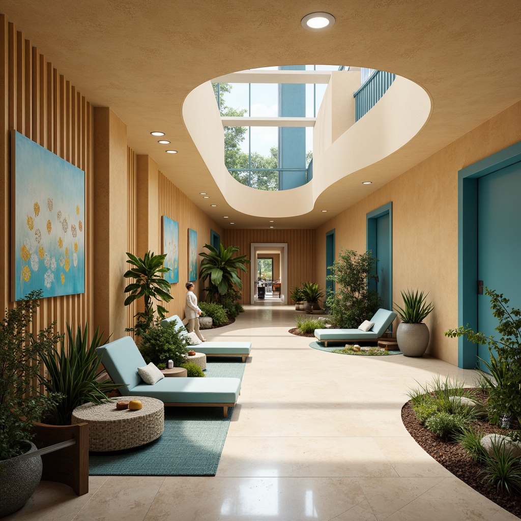 Prompt: Vibrant healthcare center, expressionist architecture, curved lines, bold geometric shapes, warm beige walls, calming blue accents, natural wood tones, soft pastel colors, healing greenery, lush plants, soothing water features, gentle diffused lighting, shallow depth of field, 1/2 composition, intimate atmosphere, cozy waiting areas, comfortable seating, abstract artwork, organic textures, subtle patterns.Please let me know if this meets your requirements!