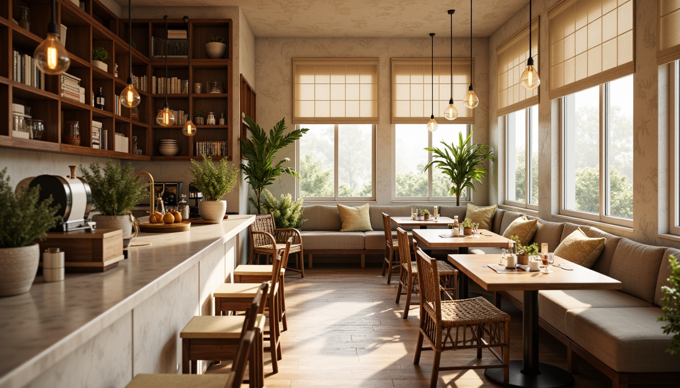 Prompt: Cozy breakfast nook, warm wooden accents, soft cream colors, plush velvet pillows, elegant marble countertops, delicate glass pendant lights, brass metal fixtures, industrial-chic exposed bulbs, natural linen shades, ambient warm lighting, shallow depth of field, 1/2 composition, inviting atmosphere, rustic wooden tables, woven wicker chairs, lush greenery, sunny morning light.