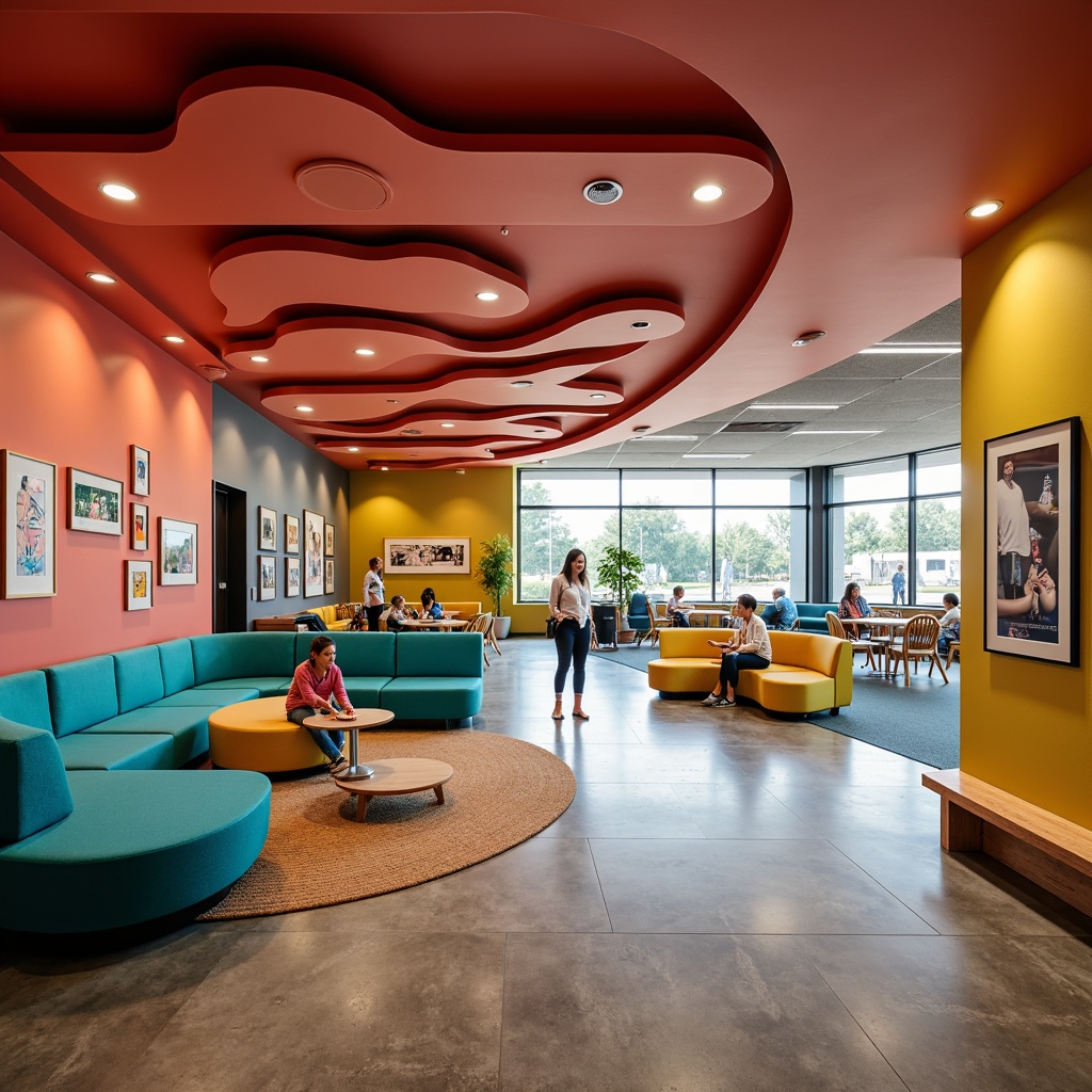 Prompt: Vibrant youth center interior, bright coral accent walls, bold turquoise furniture, playful yellow decorative elements, modern minimalist layout, sleek metal fixtures, polished concrete floors, natural wood accents, eclectic artwork displays, cozy reading nooks, collaborative workspaces, dynamic lighting installations, warm atmospheric ambiance, shallow depth of field, 1/1 composition, realistic textures, ambient occlusion.