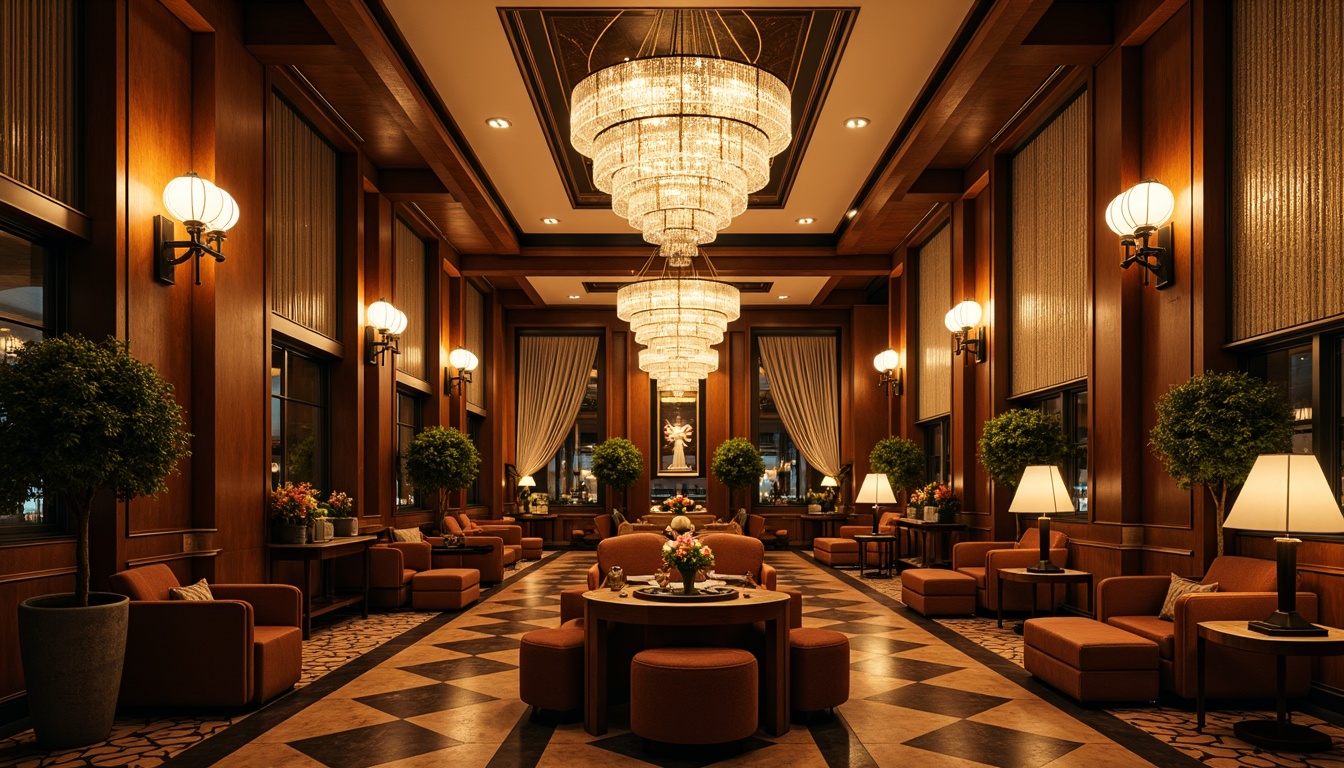 Prompt: Luxurious Art Deco interior, opulent chandeliers, crystal pendants, ornate sconces, metallic accents, polished bronze fixtures, geometric patterns, lavish textiles, rich wood tones, velvet drapes, beaded curtains, metallic leaf motifs, sunburst designs, chevron patterns, glamorous ambiance, warm golden lighting, soft diffused glow, layered lighting effects, dramatic shadows, 1/2 composition, cinematic mood, atmospheric rendering.