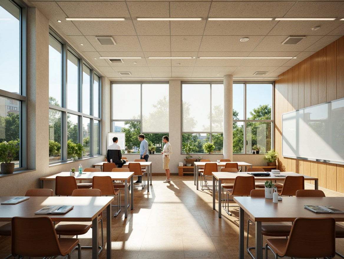 Prompt: Spacious classrooms, abundant natural light, large windows, minimal shading devices, bright interior ambiance, soft warm illumination, educational decor, vibrant colors, ergonomic furniture, collaborative learning spaces, interactive whiteboards, modern minimalist design, subtle textures, calm atmosphere, shallow depth of field, 3/4 composition, realistic rendering.