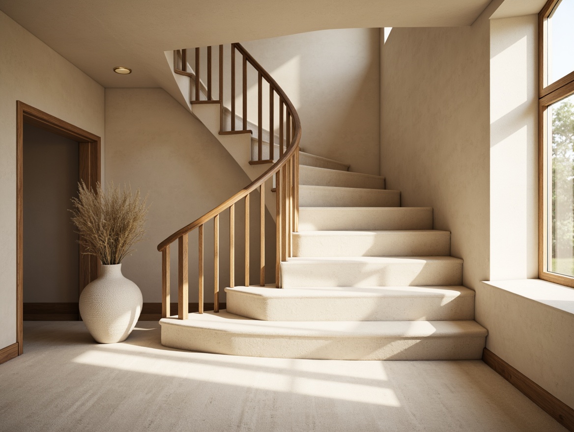 Prompt: Elegant staircase, warm beige walls, rich walnut handrails, soft cream carpeting, gentle curve lines, modern minimalist design, natural light pouring in, subtle shadows, calming atmosphere, soothing color harmony, earthy tone accents, creamy whites, warm grays, taupe undertones, golden metal fixtures, delicate ornate details, refined textures, 1/2 composition, soft focus, atmospheric lighting.