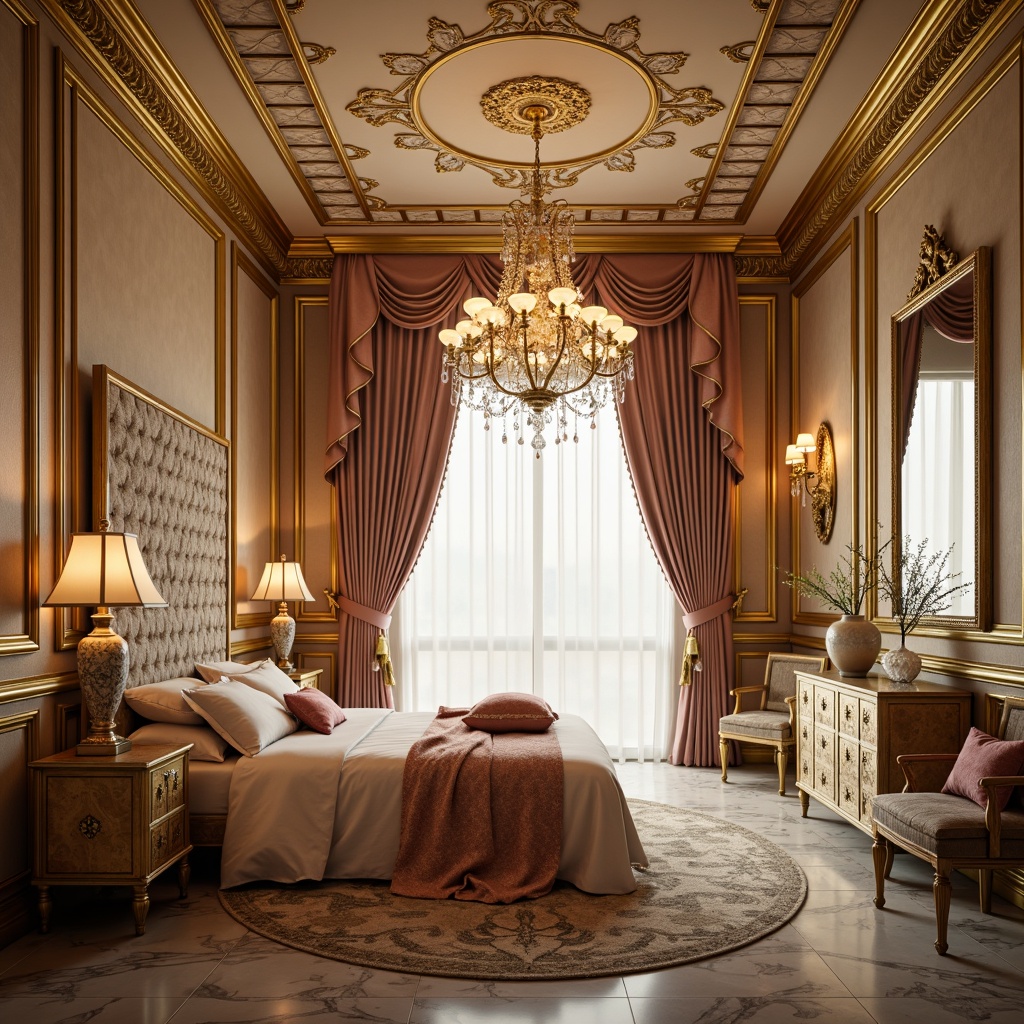 Prompt: Luxurious boudoir, ornate gold molding, intricately carved wooden panels, plush velvet upholstery, delicate porcelain vases, crystal chandeliers, soft warm candlelight, lavish silk drapes, curved lines, whimsical shell motifs, pastel color palette, intricate mirror frames, gilded furniture legs, refined marble floors, subtle gradient textures, shallow depth of field, 1/2 composition, warm golden lighting, romantic ambiance.