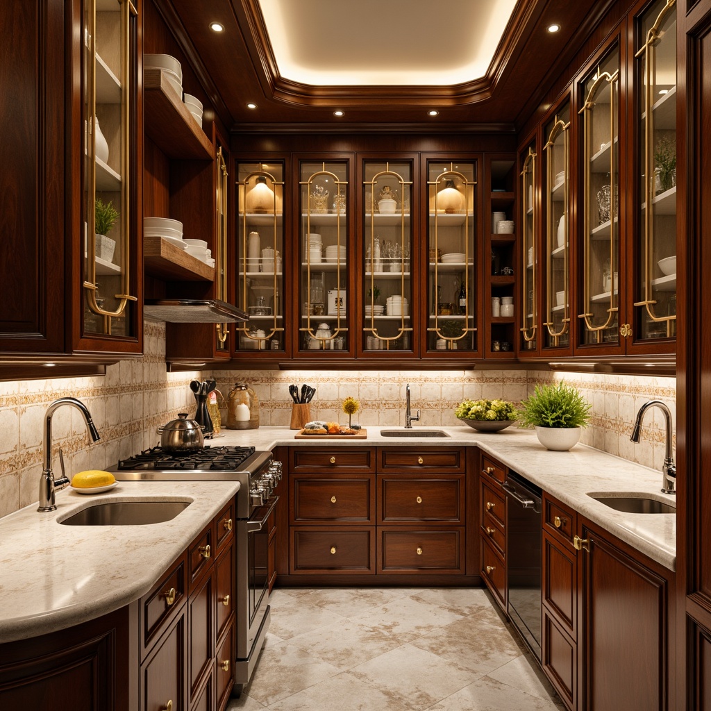 Prompt: Art Deco pantry, opulent cabinetry, metallic accents, ornate hardware, geometric patterns, luxurious finishes, rich wood tones, bold color schemes, vintage-inspired appliances, decorative lighting fixtures, curved lines, glamorous countertops, marble backsplashes, chrome faucets, sophisticated shelving units, lavish storage spaces, refined glass doors, elegant handles, high-gloss surfaces, warm ambient lighting, shallow depth of field, 1/1 composition, realistic textures, ambient occlusion.