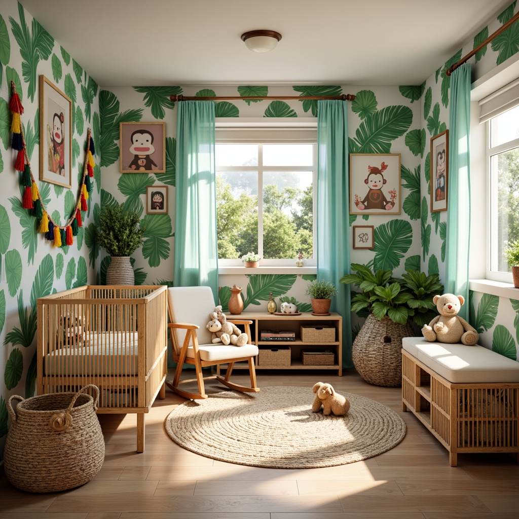 Prompt: Vibrant nursery, tropical leaf patterns, pastel colors, woven rattan furniture, plush stuffed animals, exotic flowers, natural wood accents, soft warm lighting, cozy reading nook, comfortable glider rocker, colorful tassel garlands, woven basket storage, jungle-inspired wall art, lush greenery, playful monkey decals, fun pineapple-shaped decorations, bright sunny day, shallow depth of field, 3/4 composition, panoramic view, realistic textures, ambient occlusion.