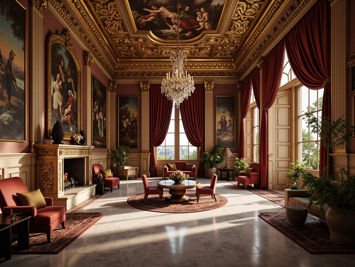 Prompt: Opulent great room, intricate Baroque detailing, gilded molding, ornate frescoes, crystal chandeliers, rich velvet drapes, carved wooden furniture, marble floors, grandiose staircases, lavish textiles, golden accents, soft warm lighting, dramatic shadows, 1/1 composition, shallow depth of field, realistic textures, ambient occlusion.