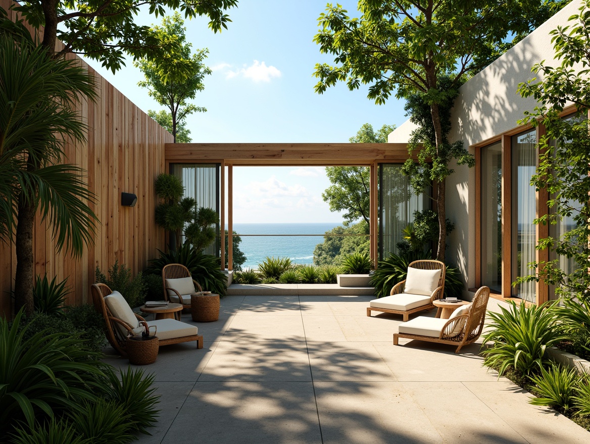 Prompt: Lush tropical garden, exotic plants, natural stone walls, reclaimed wood accents, bamboo flooring, rattan furniture, wicker decor, vibrant greenery, palm trees, ocean views, sunny day, soft warm lighting, 1/1 composition, realistic textures, ambient occlusion, penthouse layout, open-plan living, floor-to-ceiling windows, sliding glass doors, minimalist decor, eco-friendly materials, sustainable design elements.