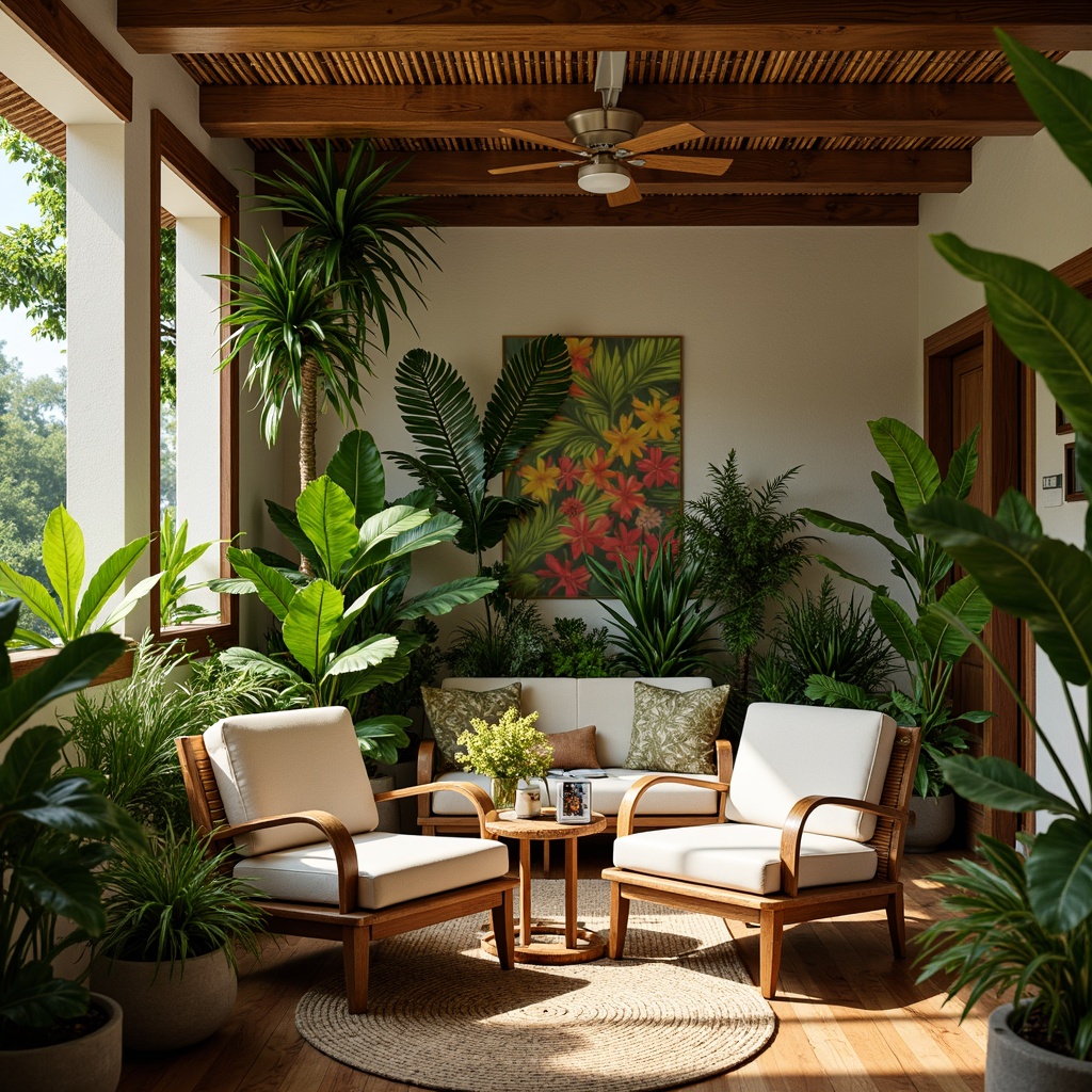 Prompt: Vibrant tropical living room, lush greenery, exotic potted plants, wicker furniture, natural rattan textures, earthy color palette, warm ambient lighting, soft diffused shadows, 1/1 composition, intimate atmosphere, cozy reading nook, oversized leaf-shaped decorations, tropical flower patterns, woven bamboo accents, rustic wooden floors, creamy stone walls, modern minimalist decor, subtle scent of blooming flowers, gentle misting system.