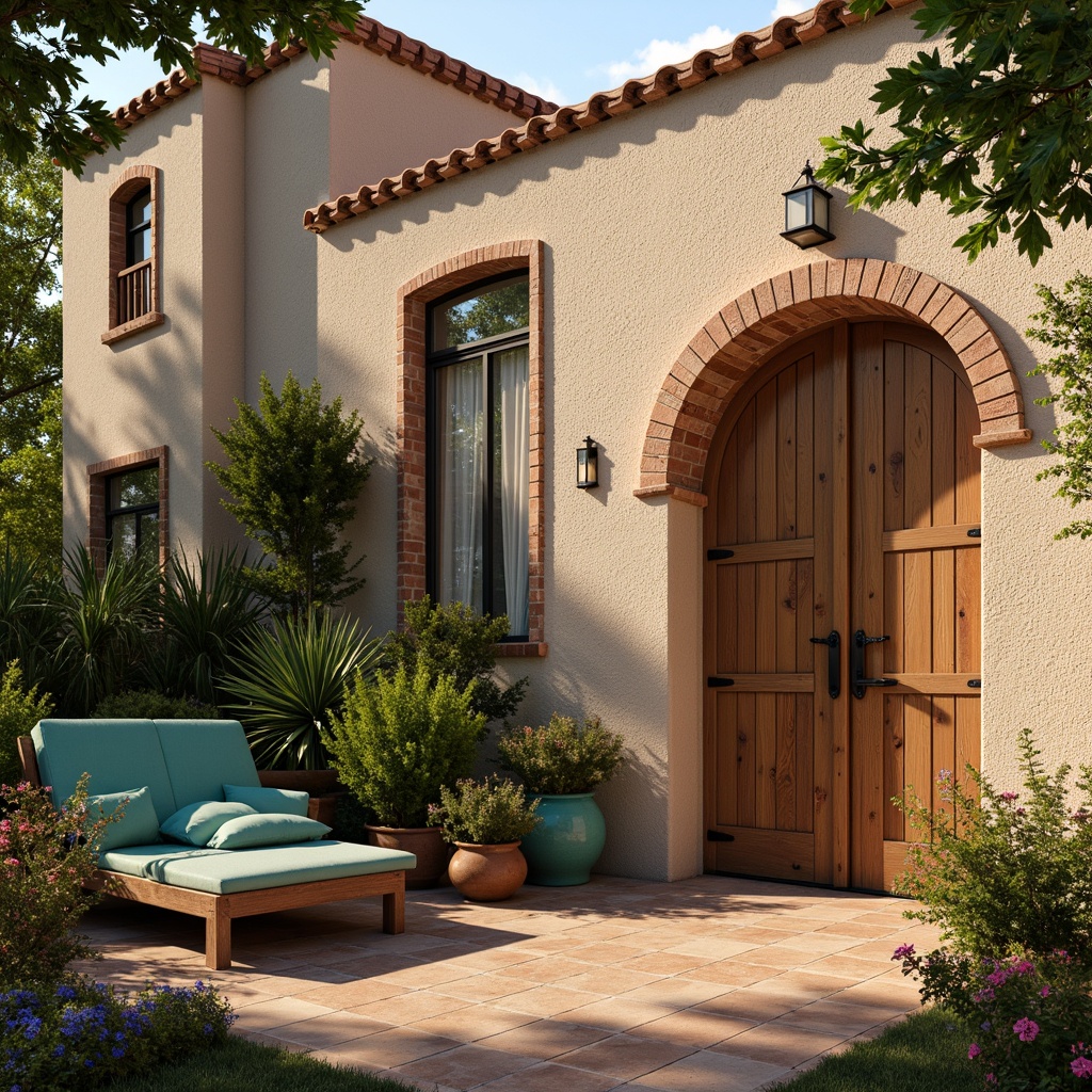 Prompt: Warm Mediterranean villa, textured walls, rustic stone fa\u00e7ade, curved arches, ornate windows, terracotta roof tiles, lush greenery, blooming flowers, vibrant turquoise accents, distressed wood doors, wrought iron hinges, earthy color palette, warm golden lighting, shallow depth of field, 1/1 composition, realistic textures, ambient occlusion.