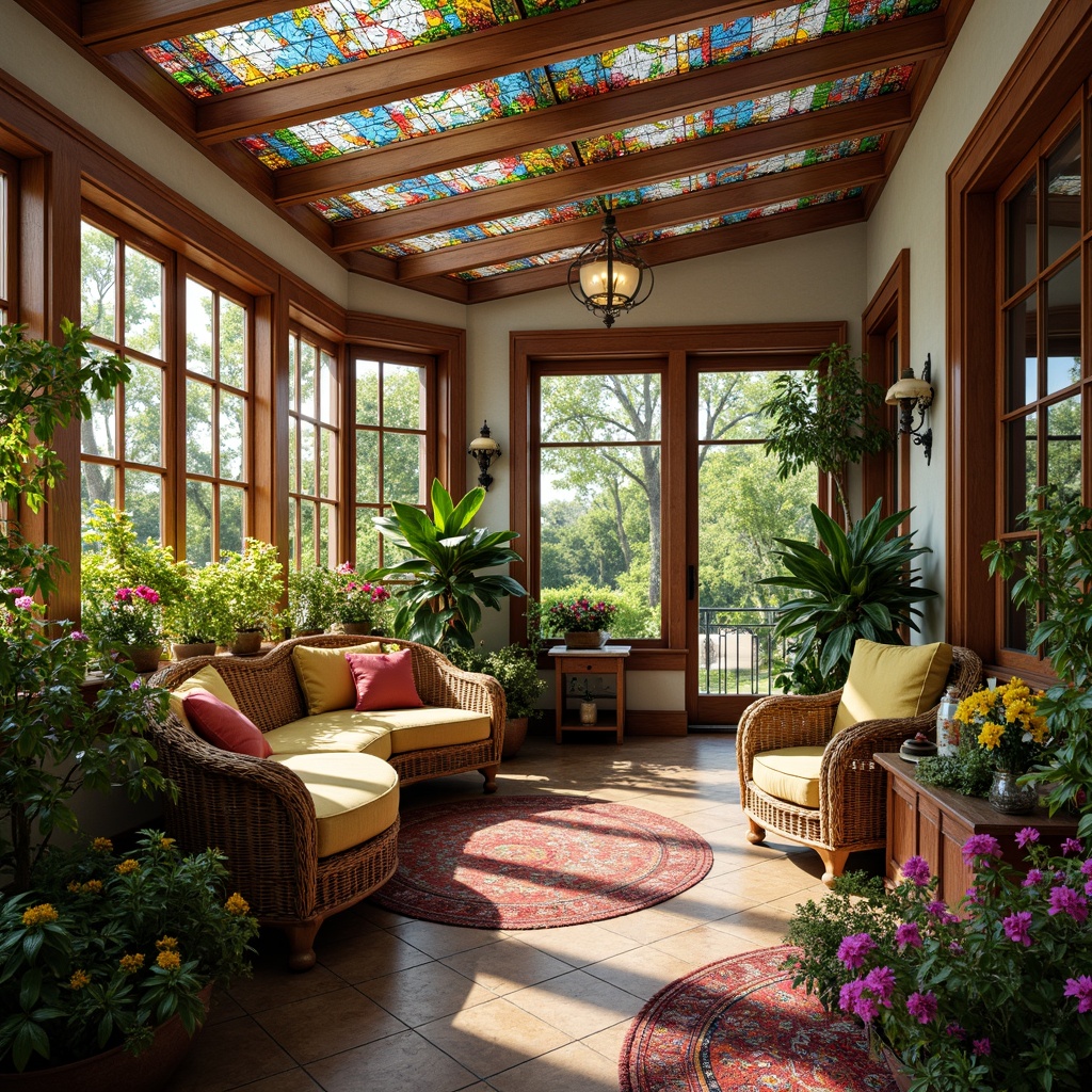 Prompt: Vibrant sunroom, warm natural light, lush greenery, colorful flowers, ornate wooden furniture, intricately carved decorations, soft plush cushions, elegant chandeliers, stained glass windows, curved lines, whimsical patterns, eclectic mix of textures, bold artistic expressions, playful use of colors, dramatic shadows, cozy reading nooks, comfortable seating areas, serene ambiance, warm atmosphere, 1/1 composition, shallow depth of field, realistic renderings, ambient occlusion.