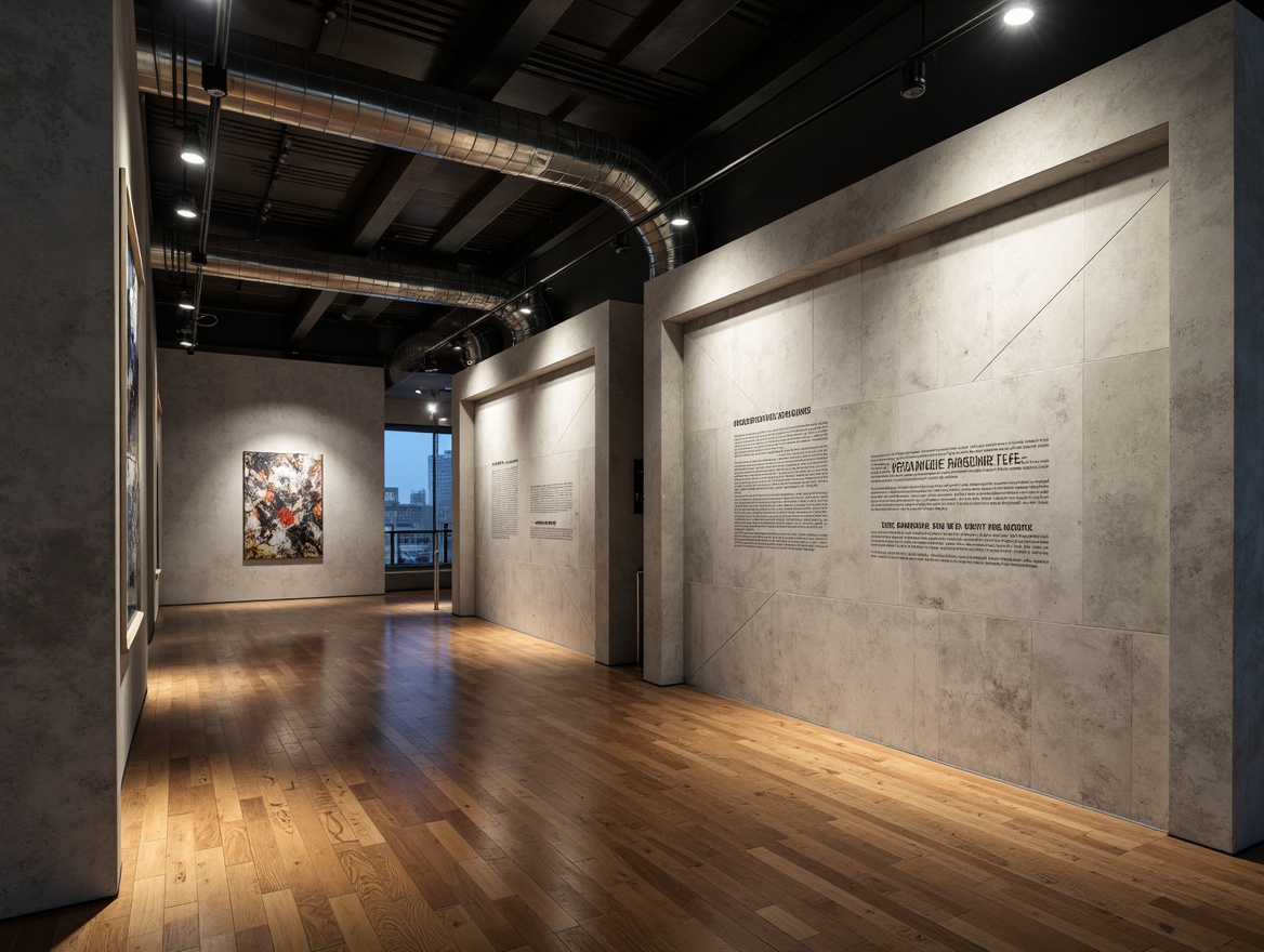 Prompt: Exposed concrete walls, industrial metal accents, minimalist decorations, bold typography, geometric patterns, monochromatic color scheme, abstract art installations, spotlights, high ceilings, polished wooden floors, metallic pipes, urban cityscape views, nighttime atmosphere, dramatic shadow lighting, 1/1 composition, low-angle shot, realistic textures, ambient occlusion.