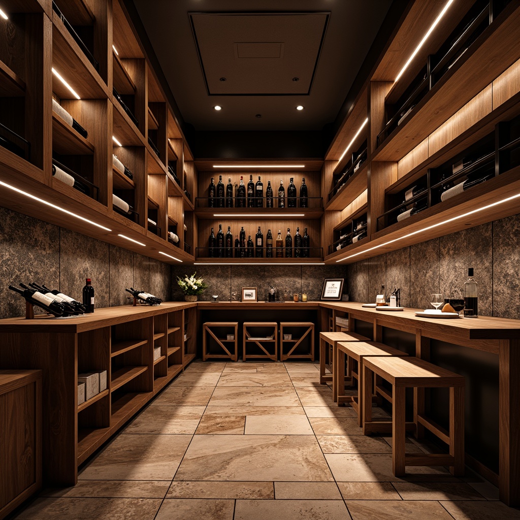 Prompt: Luxurious wine cellar, rich wood tones, dark stone walls, dim warm lighting, elegant wooden racks, temperature-controlled environment, humidity-regulated atmosphere, premium flooring options, polished marble surfaces, high-gloss hardwood floors, rustic brick patterns, sophisticated tile designs, ambient LED illumination, soft focus photography, 1/2 composition, shallow depth of field.