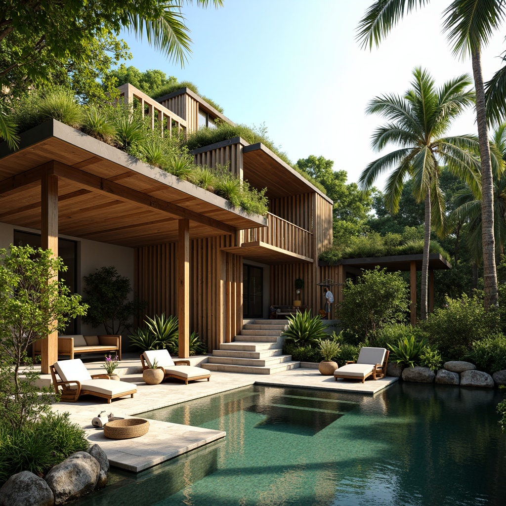 Prompt: Tropical modern villa, lush green roof, natural bamboo walls, reclaimed wood accents, rattan furniture, woven palm fronds, earthy tone color palette, organic textures, eco-friendly materials, solar panels, rainwater harvesting system, large overhanging eaves, clerestory windows, cross ventilation, natural lighting, warm ambient glow, 3/4 composition, shallow depth of field, soft focus, vibrant tropical plants, exotic flowers, swaying palm trees, sunny day, gentle ocean breeze.