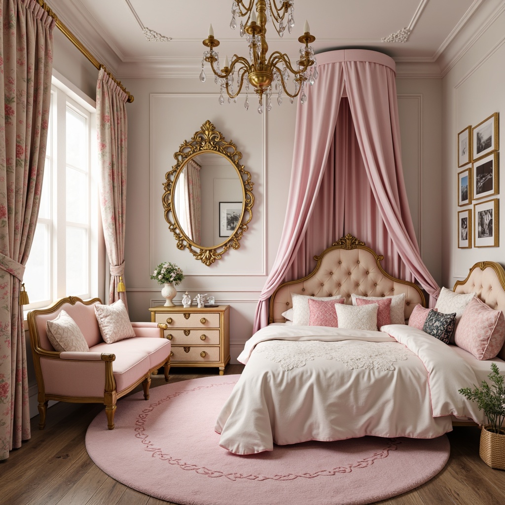 Prompt: Whimsical kids' room, soft pastel colors, ornate gold accents, delicate florals, intricately carved furniture, plush velvet upholstery, crystal chandeliers, lace drapery, tufted headboards, luxurious fabrics, playful patterns, Rococo-inspired mirrors, curved lines, opulent textures, warm soft lighting, shallow depth of field, 1/1 composition, cozy atmosphere.