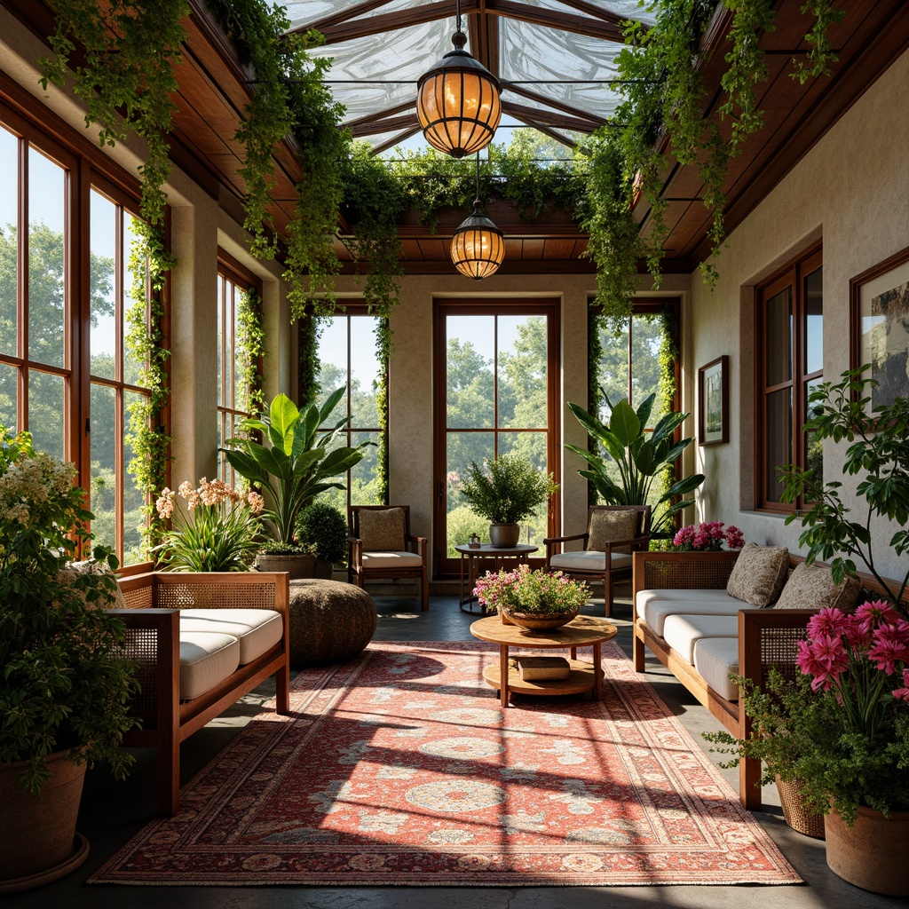 Prompt: Vibrant sunroom interior, warm natural light, lush greenery, exotic plants, colorful blooms, ornate metalwork, intricate wooden carvings, eclectic decorative accents, vintage furniture pieces, plush textiles, bold patterned rugs, statement lighting fixtures, geometric-shaped windows, French doors, rustic stone walls, cozy reading nooks, soft warm color palette, dramatic shadows, 1/1 composition, high contrast ratio, shallow depth of field.