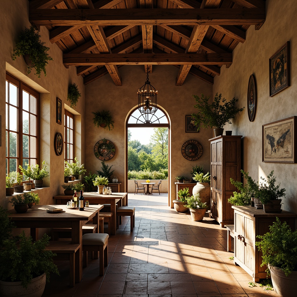 Prompt: Rustic winery, vintage charm, eclectic decor, distressed wood accents, wrought iron details, earthy color palette, natural stone walls, reclaimed wooden beams, ornate metalwork, whimsical sculptures, lush greenery, vineyard views, warm golden lighting, soft focus, shallow depth of field, 1/1 composition, romantic ambiance, rustic textures, subtle color grading.