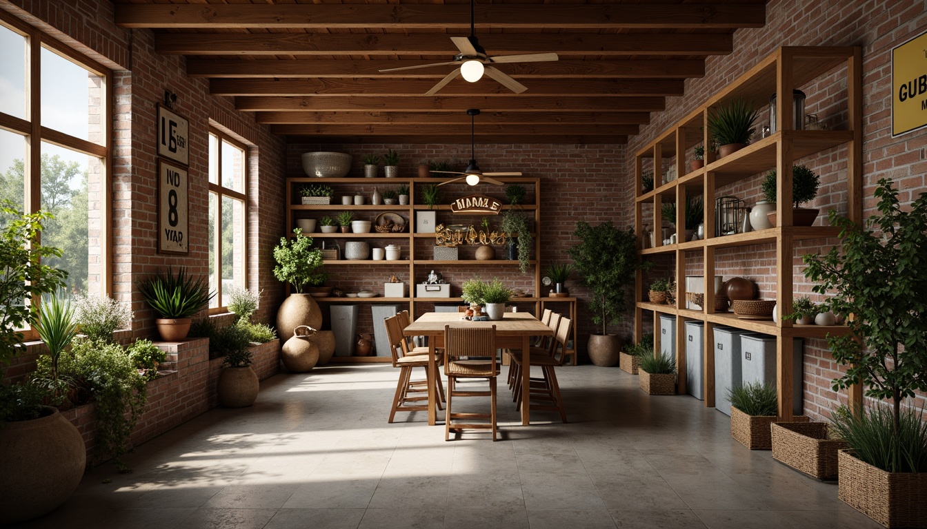 Prompt: Rustic family garage, wooden accents, vintage metal signs, distressed finishes, earthy tones, natural textures, exposed brick walls, reclaimed wood shelves, metal storage bins, woven baskets, hanging lanterns, warm ambient lighting, cozy atmosphere, shallow depth of field, 1/2 composition, realistic render.