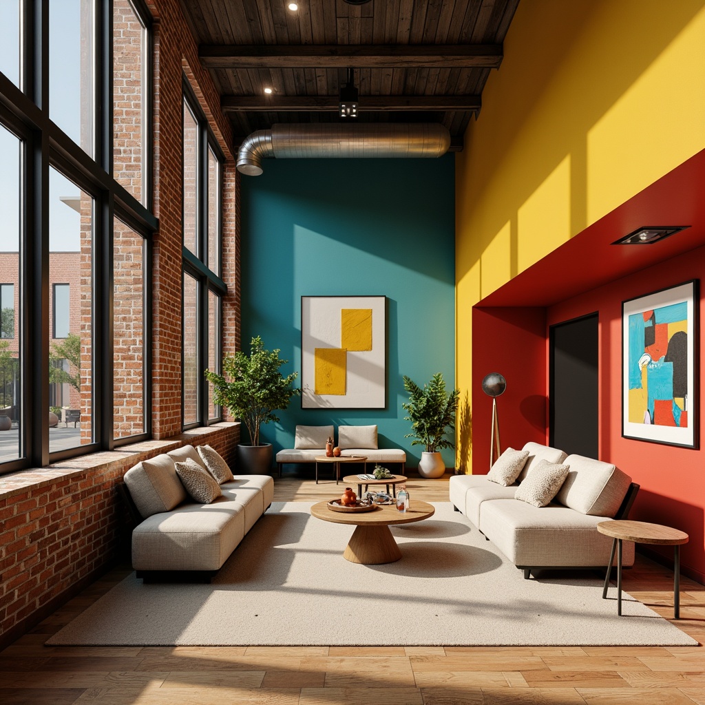 Prompt: Vibrant Bauhaus interior, geometric shapes, bold color blocks, primary colors, industrial materials, exposed brick walls, polished metal accents, minimalist furniture, functional decor, natural textiles, monochromatic schemes, pops of bright yellow, deep blue tones, rich red hues, neutral beige backgrounds, warm wooden flooring, abstract artwork, graphic patterns, modern lighting fixtures, sleek lines, urban aesthetic, dramatic shadows, high contrast ratios, 1/1 composition, softbox lighting.