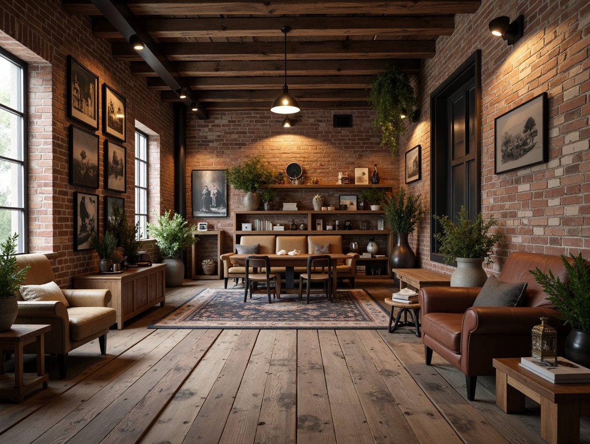 Prompt: Rustic market vernacular style, reclaimed wooden planks, distressed finishes, earthy tones, natural textures, exposed brick walls, industrial metal accents, vintage decorative elements, eclectic furniture pieces, worn leather upholstery, warm pendant lighting, soft ambient glow, shallow depth of field, 1/1 composition, realistic wood grain, subtle color palette.