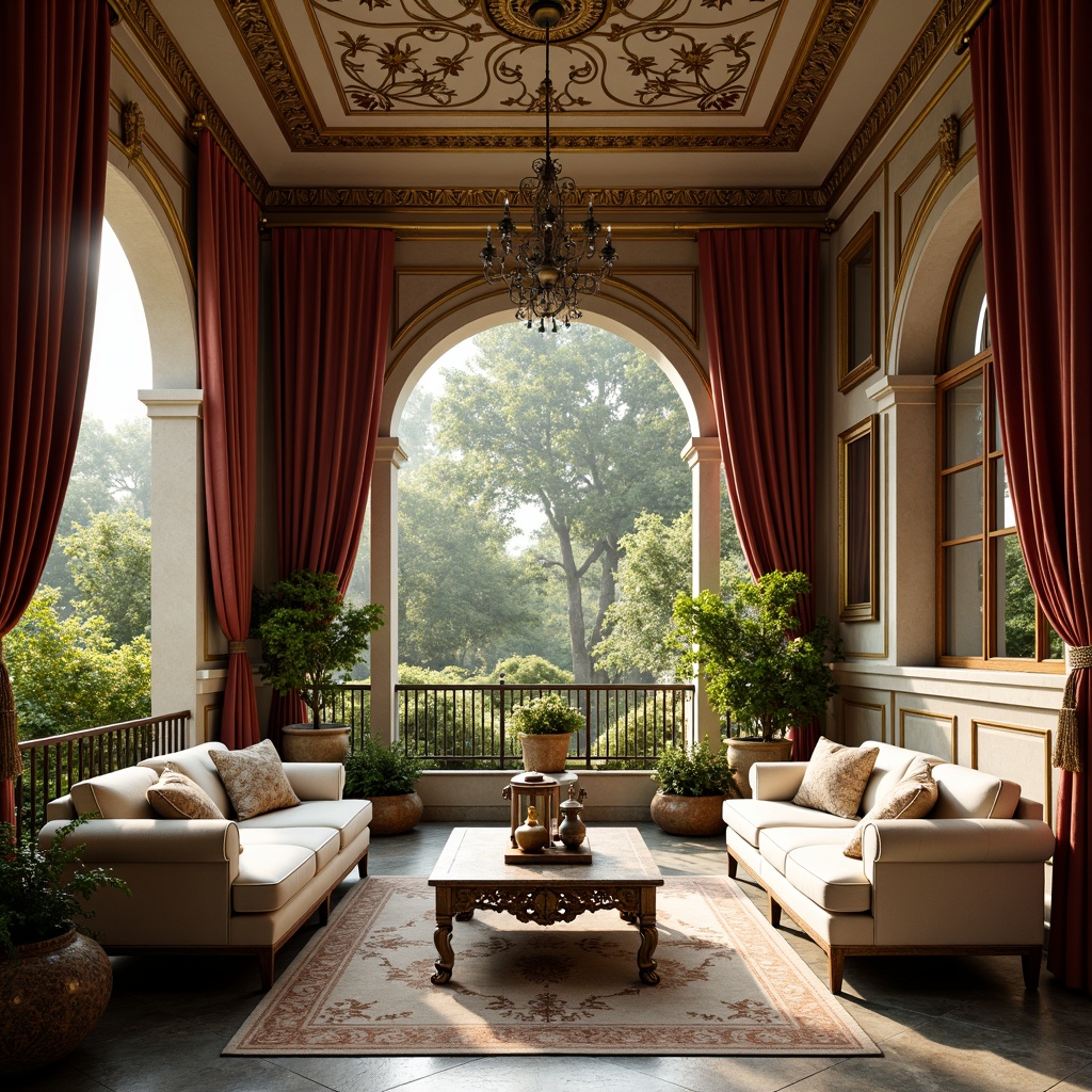 Prompt: Renaissance-style sunroom, lavish velvet drapes, ornate golden frames, distressed wooden furniture, plush cream-colored sofas, intricately carved coffee tables, vintage bronze lanterns, ornamental ceramic vases, lush greenery, natural stone flooring, soft warm lighting, shallow depth of field, 3/4 composition, realistic textures, ambient occlusion.