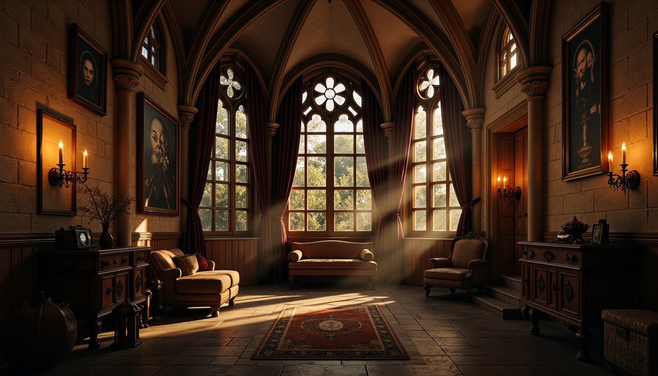 Prompt: Dimly lit Gothic chamber, mysterious atmosphere, flickering candles, eerie shadows, ornate stone walls, vaulted ceilings, stained glass windows, rich velvet drapes, intricately carved wooden furniture, mysterious artifacts, mystical symbols, foggy mist, warm golden lighting, softbox illumination, high contrast ratio, dramatic spotlights, subtle ambient Occlusion.