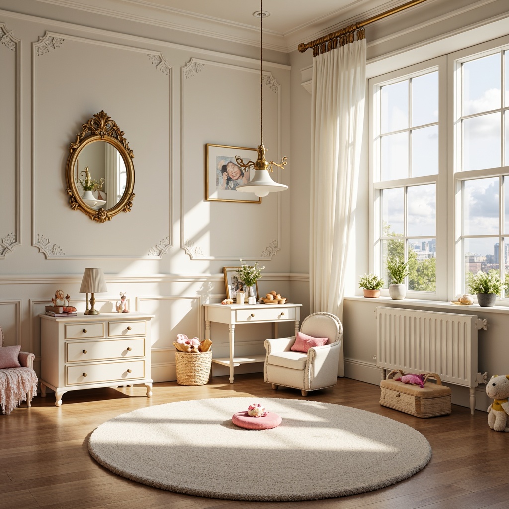 Prompt: Whimsical kids' room, Rococo style, soft pastel colors, creamy whites, gentle gold accents, ornate furniture, floral patterns, delicate lace textures, playful cartoon characters, sweet treats, fluffy clouds, warm sunny day, shallow depth of field, 1/1 composition, romantic lighting, realistic fabrics, ambient occlusion.