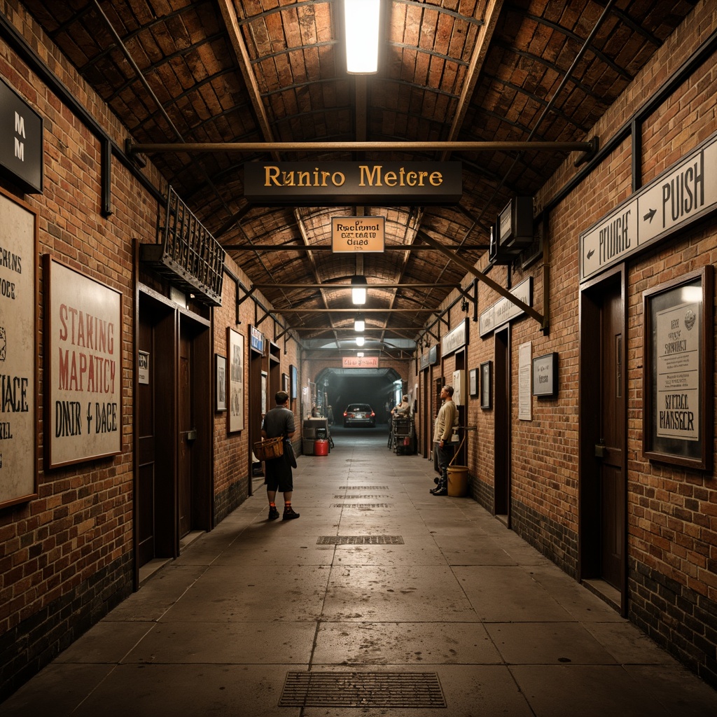 Prompt: Rustic metro station, distressed brick walls, vintage signage, industrial metal fixtures, reclaimed wood accents, earthy color palette, warm dim lighting, nostalgic atmosphere, retro-style typography, ornate ironwork, urban decay textures, gritty concrete floors, abandoned tunnels, steam punk-inspired machinery, functional clockwork mechanisms, intricate pipework, industrial-era advertisements, worn copper signs, eclectic decorative elements, cinematic shallow depth of field, 2/3 composition, realistic wear and tear, ambient occlusion.