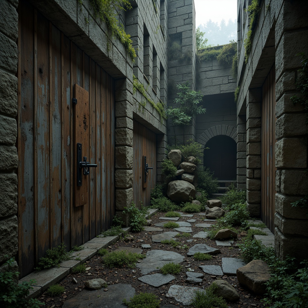 Prompt: Rustic stone walls, weathered wooden planks, distressed metal panels, rough-hewn rock formations, moss-covered ancient ruins, eerie misty atmosphere, dramatic low-key lighting, cinematic shallow depth of field, 2/3 composition, atmospheric perspective, subtle ambient occlusion, detailed normal maps, realistic material responses.