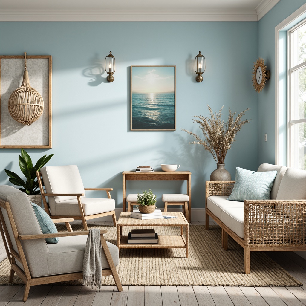 Prompt: Coastal themed room, soft blue hues, natural textures, woven rattan furniture, driftwood decor, ocean-inspired artwork, beachy vibes, nautical accents, lantern-style lighting fixtures, glass pendant lights, rustic metal sconces, distressed wood tones, seaside colors, calming ambiance, warm sunny day, subtle coastal scents, 1/1 composition, shallow depth of field, realistic textures.