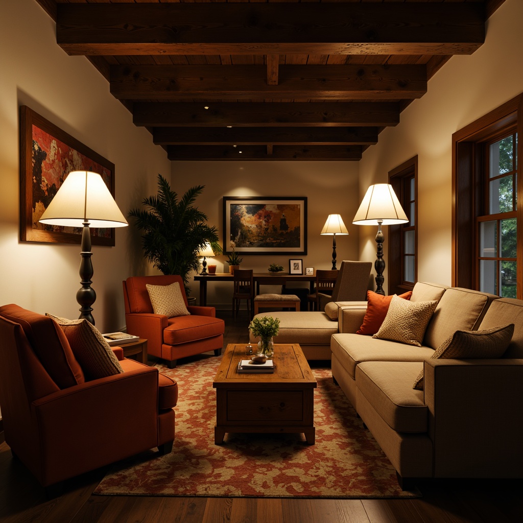 Prompt: Cozy living room, plush sofas, velvet armchairs, wooden coffee tables, soft cushions, elegant floor lamps, warm ambient lighting, 3/4 composition, shallow depth of field, realistic textures, comfortable seating arrangement, intimate conversation areas, minimal ornamentation, natural wood accents, earthy color palette, inviting atmosphere, relaxing ambiance, calming decor.