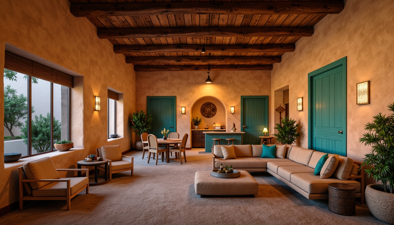 Prompt: Warm southwestern community interior, earthy adobe walls, rustic wooden beams, vibrant turquoise accents, cozy seating areas, plush textiles, natural woven fibers, soft warm lighting, table lamps, floor lamps, pendant lights, warm color temperatures, dimmable LED lights, layered lighting effects, 1/1 composition, intimate atmosphere, realistic wood grain textures, subtle shadowing, ambient occlusion.