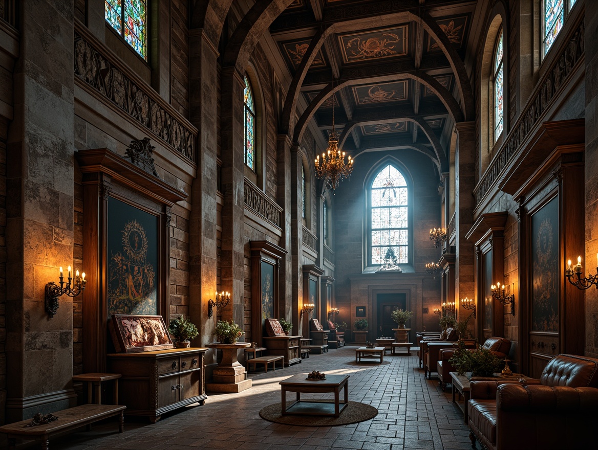 Prompt: Intricate stone carvings, ornate wooden panels, rich velvet fabrics, mystical stained glass windows, grandiose chandeliers, ancient tapestries, mysterious crypts, worn stone floors, dramatic vaulted ceilings, lavish furnishings, eerie candlelight, soft misty atmosphere, 1/1 composition, shallow depth of field, realistic textures, ambient occlusion.