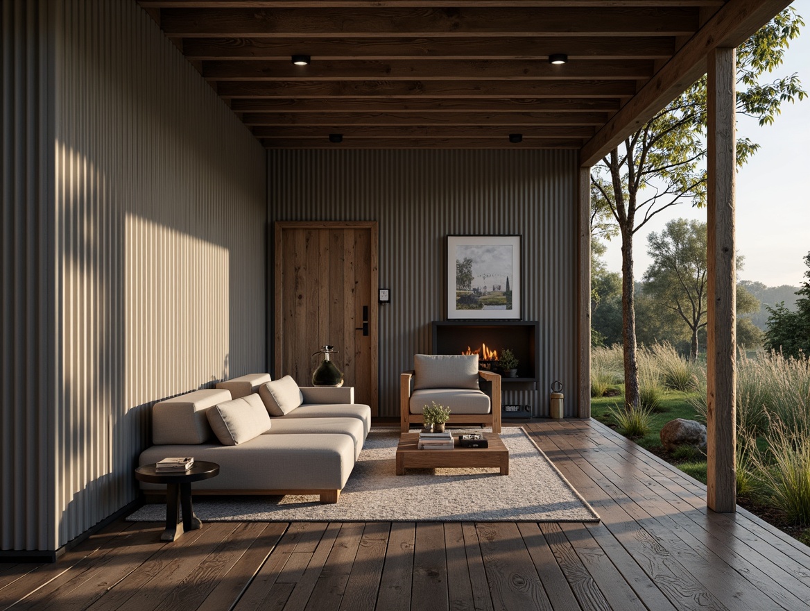 Prompt: Rustic Nordic cabin, corrugated metal fa\u00e7ade, natural wood accents, minimalist design, clean lines, simple shapes, monochromatic color scheme, neutral tones, earthy textures, reclaimed wood floors, industrial-chic lighting, cozy atmosphere, warm ambient glow, shallow depth of field, 1/1 composition, realistic reflections, subtle weathering effects.