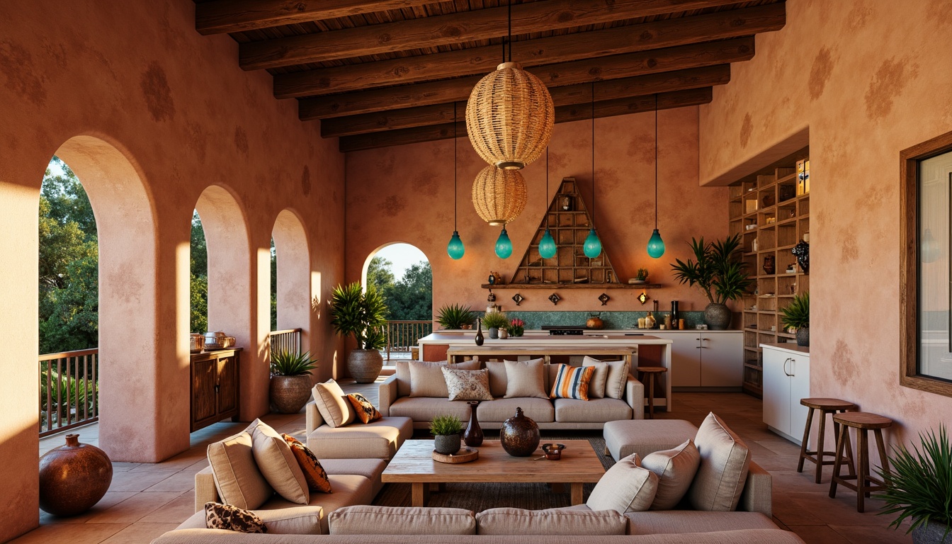 Prompt: Vibrant southwestern ambiance, warm earthy tones, rustic wooden accents, turquoise glass pendant lights, woven wicker lanterns, distressed metal sconces, natural linen shades, ceramic tile backsplashes, stucco walls, arched doorways, clay roof tiles, desert botanicals, cactus silhouettes, sunset-inspired color palette, soft warm glow, ambient lighting, layered texture, earthy materials, organic shapes, authentic cultural patterns.