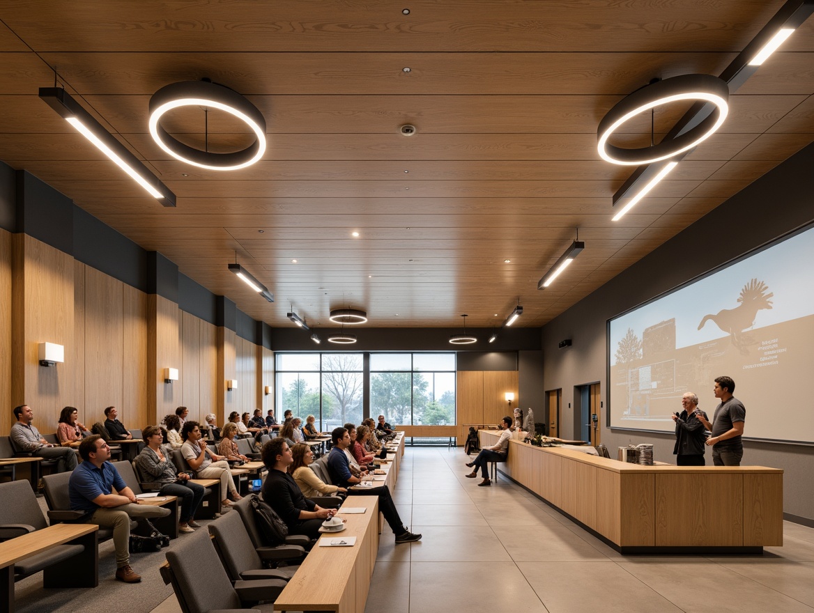 Prompt: Modern university lecture hall, suspended linear lighting fixtures, warm neutral tones, polished wood accents, comfortable seating areas, interactive whiteboards, collaborative learning spaces, energy-efficient LED lights, indirect ambient lighting, circular pendant lamps, minimalist ceiling designs, natural daylight harvesting, soft diffused lighting, 1/1 composition, shallow depth of field, realistic textures, ambient occlusion.