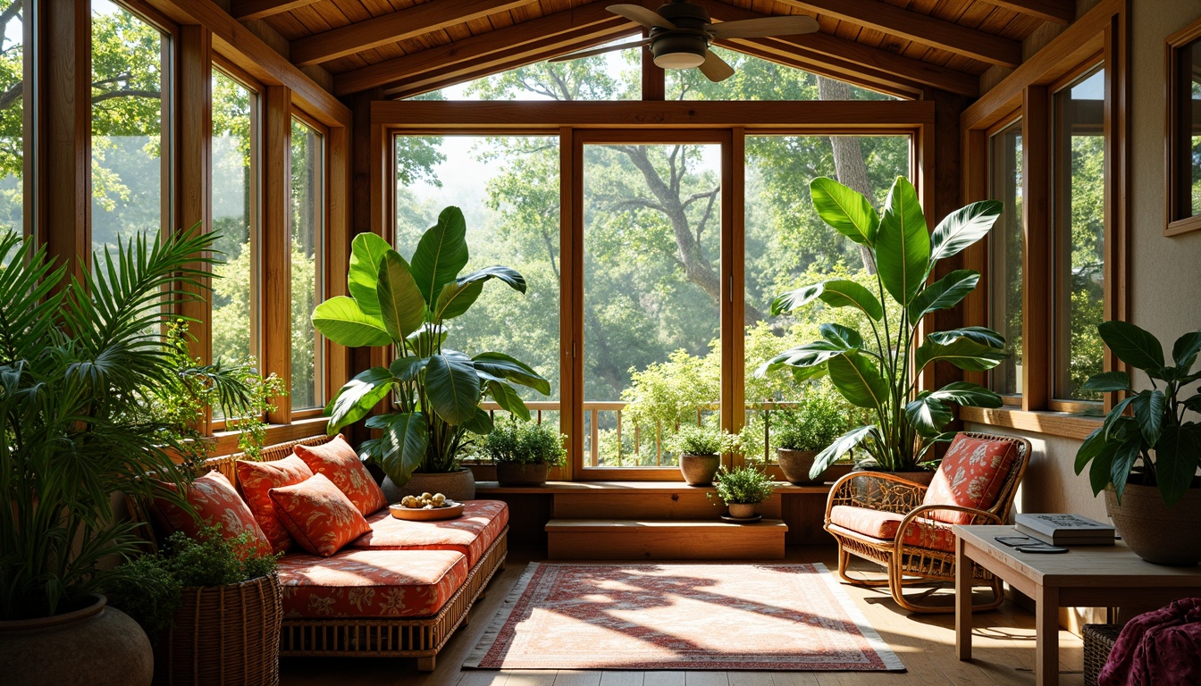 Prompt: Vibrant sunroom, lush greenery, natural light pouring in, warm wood accents, wicker furniture, plush cushions, bold color palette, eclectic patterns, oversized plants, rattan chairs, bohemian-inspired decor, distressed wood finishes, vintage accessories, cozy reading nooks, soft warm lighting, 1/1 composition, intimate atmosphere, ambient occlusion.