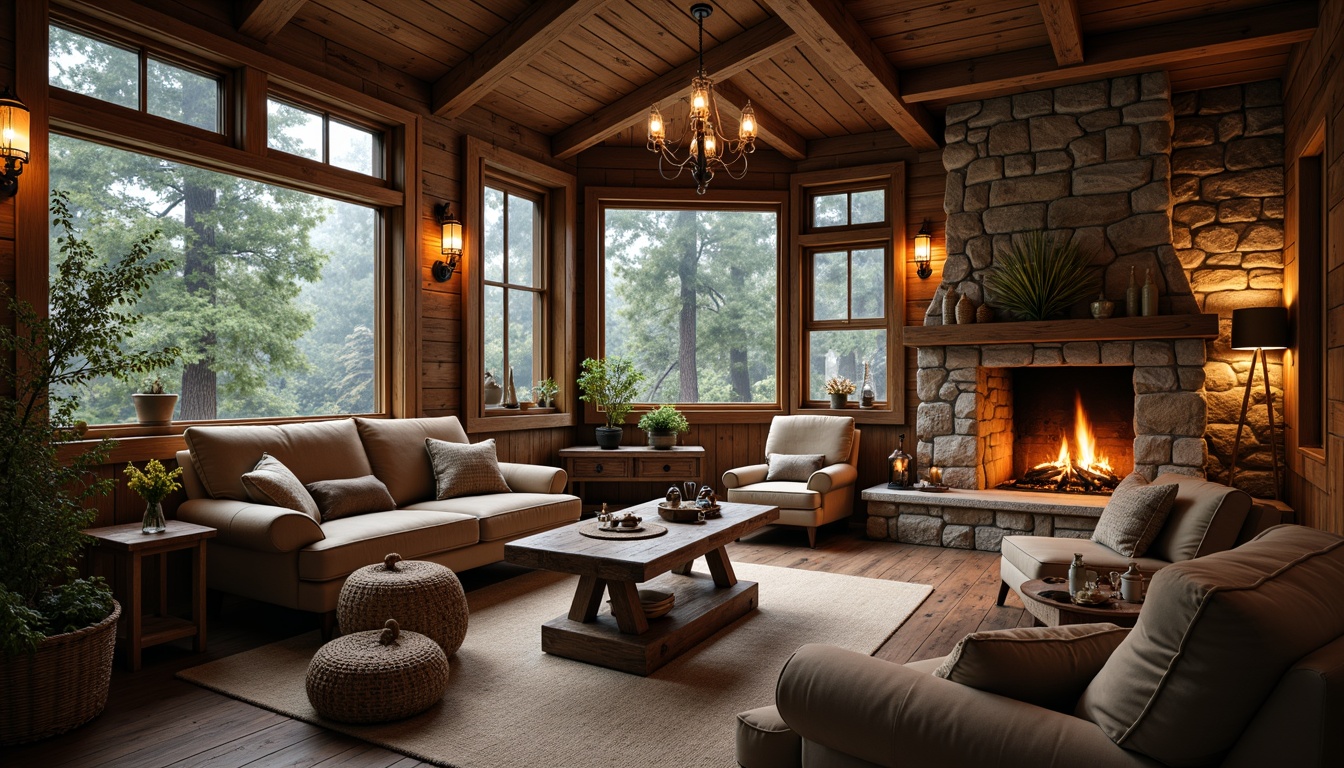 Prompt: Rustic cabin, wooden beams, stone fireplace, vintage furniture, earthy tones, warm ambiance, metal lanterns, pendant lights, candle chandeliers, distressed finishes, natural textiles, woven baskets, rough-hewn wood accents, cozy nooks, soft warm lighting, low-key illumination, layered textures, organic materials, nature-inspired patterns, earthy color palette, wooden shutters, metal roof, forest surroundings, misty morning, soft focus, shallow depth of field.