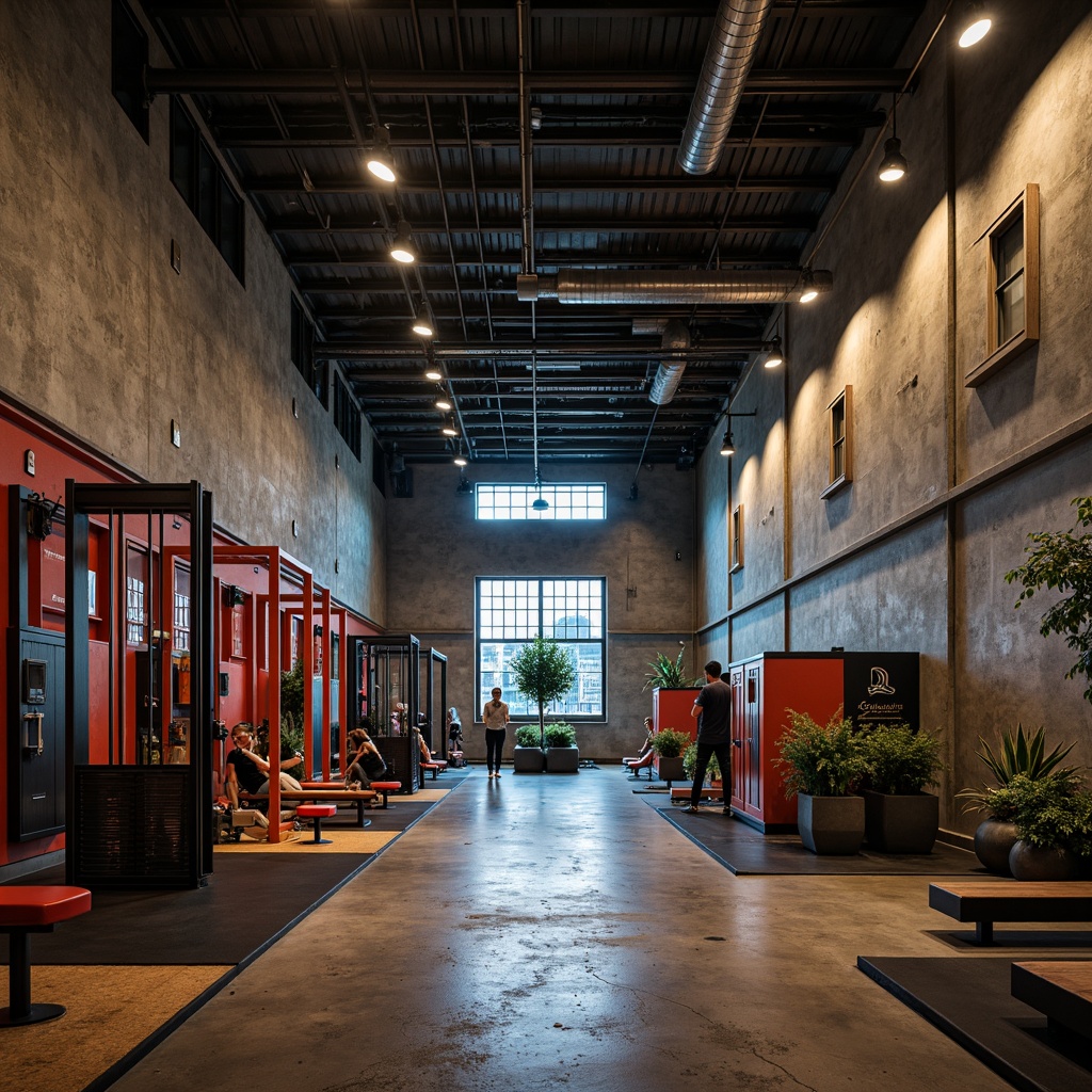 Prompt: Industrial fitness club, brutalist architecture, exposed concrete walls, steel beams, raw metal equipment, minimalist decor, high-ceiling space, dramatic spotlights, intense workout atmosphere, bold color accents, functional lighting, overhead fluorescent lights, suspended lamps, concrete floors, industrial-style lockers, metallic finishings, urban cityscape views, nighttime ambiance, low-key warm lighting, 1/2 composition, cinematic mood, realistic shadows, ambient occlusion.