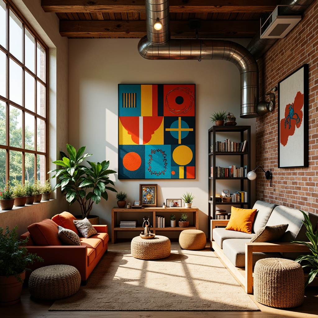 Prompt: Vibrant modern art studio, eclectic furniture, bold abstract artwork, rich wood accents, industrial metal beams, exposed brick walls, natural textiles, earthy tone color palette, warm golden lighting, shallow depth of field, 1/1 composition, realistic textures, ambient occlusion.