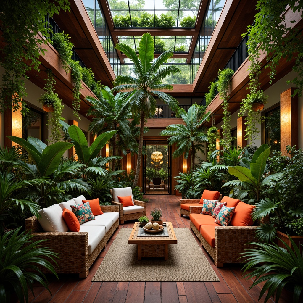 Prompt: Exotic tropical interior, lush greenery, vibrant colorful plants, wicker rattan furniture, natural wood accents, palm fronds, floral patterns, bold bright colors, warm ambient lighting, cozy intimate spaces, potted plants, hanging baskets, trailing ivy, leafy textures, jungle-inspired decor, organic shapes, earthy tones, refreshing misting system, 1/1 composition, soft focus effect.