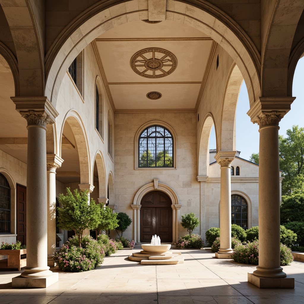 Prompt: Elegant monastery architecture, neoclassical columns, ornate carvings, intricate capitals, rusticated bases, cream-colored stone, grand archways, vaulted ceilings, stained glass windows, soft warm lighting, subtle shadows, 1/1 composition, symmetrical balance, realistic textures, ambient occlusion, serene atmosphere, peaceful courtyard, lush greenery, vibrant flowers, gentle fountain sounds.