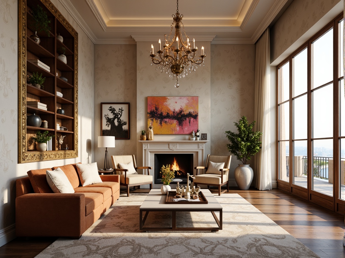 Prompt: Elegant living room, luxurious velvet sofa, ornate gold frames, plush area rug, statement chandelier, rich wood accents, vibrant abstract artwork, floor-to-ceiling windows, natural light pouring in, sheer curtains, delicate lace details, subtle patterned wallpaper, soft warm beige tones, inviting atmosphere, cozy reading nook, decorative vases, fresh flower arrangements, ambient soft lighting, 1/2 composition, intimate setting.