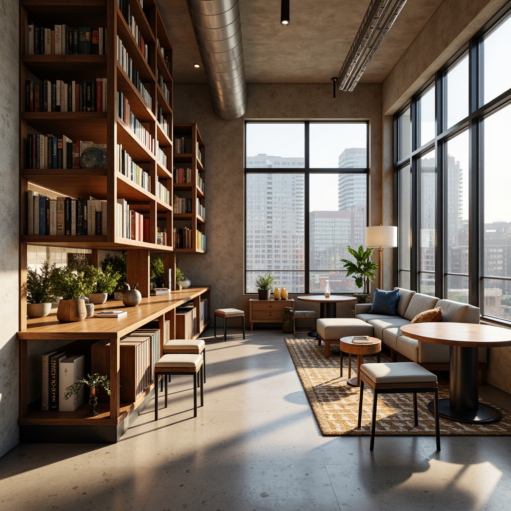 Prompt: Modern bookshelves, minimalist wooden tables, sleek metal chairs, comfortable sofas, industrial-style lamps, polished concrete floors, warm beige walls, geometric-patterned rugs, floor-to-ceiling windows, natural light, urban cityscape views, 1/2 composition, shallow depth of field, realistic textures, ambient occlusion.