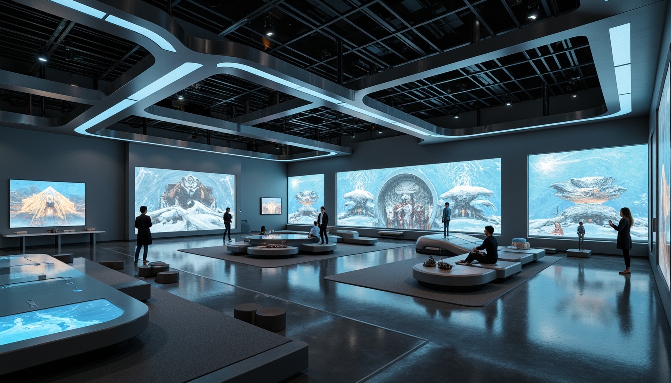 Prompt: Futuristic museum interior, sleek metal frameworks, minimalist exhibit spaces, neon-lit display cases, holographic projections, interactive touchscreens, retro-futuristic furniture, curved lines, geometric shapes, iridescent materials, ambient lighting, soft glowing accents, 3/4 composition, shallow depth of field, realistic reflections, atmospheric fog effects, immersive soundscapes.