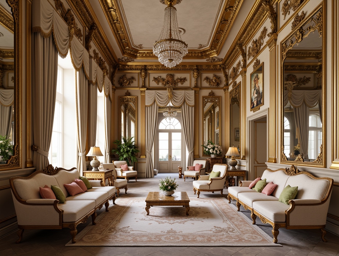 Prompt: Ornate Rococo palace, lavish furnishings, intricately carved wood, gilded accents, luxurious velvet fabrics, ornamental mirrors, crystal chandeliers, soft pastel hues, delicate florals, curved lines, cabriole legs, tufted upholstery, carved wooden paneling, grandiose scale, dramatic lighting, 3/4 composition, warm golden tones, shallow depth of field, realistic textures.