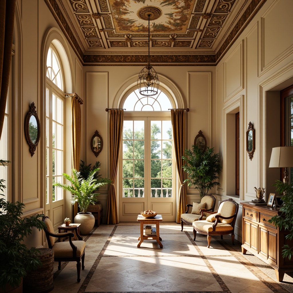 Prompt: Ornate sunroom, renaissance-style molding, cream-colored walls, arched windows, ornamental columns, classic furniture, rich velvet drapes, golden chandeliers, intricate stone carvings, lavish fresco ceilings, warm natural light, soft ambient glow, shallow depth of field, 1/1 composition, symmetrical view, realistic textures, subtle ambient occlusion.