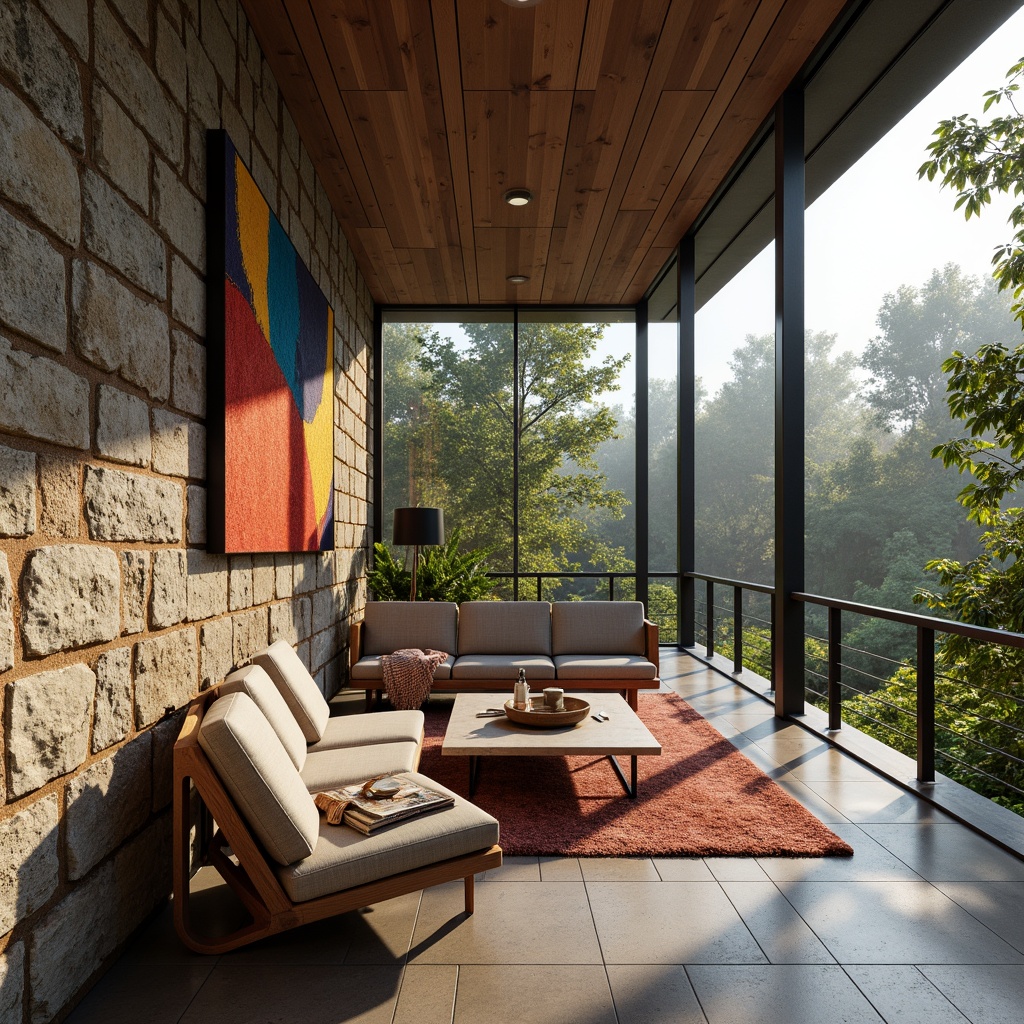 Prompt: Richly textured walls, natural stone flooring, wooden accents, plush area rugs, cozy throw blankets, modern minimalist furniture, sleek metal frames, vibrant colorful artwork, floor-to-ceiling windows, abundant natural light, soft warm glow, atmospheric misting system, 3/4 composition, panoramic view, realistic textures, ambient occlusion.