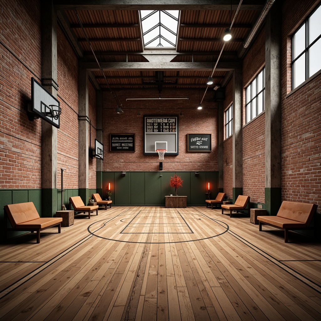 Prompt: Rustic wooden floors, exposed brick walls, industrial metal beams, vintage basketball hoops, distressed leather benches, nostalgic sports equipment, natural stone accents, earthy color palette, warm atmospheric lighting, shallow depth of field, 1/2 composition, realistic textures, ambient occlusion, grandstand seating areas, athletic track lanes, scoreboard displays, motivational quotes, historic architectural elements, classic gymnasium ambiance.